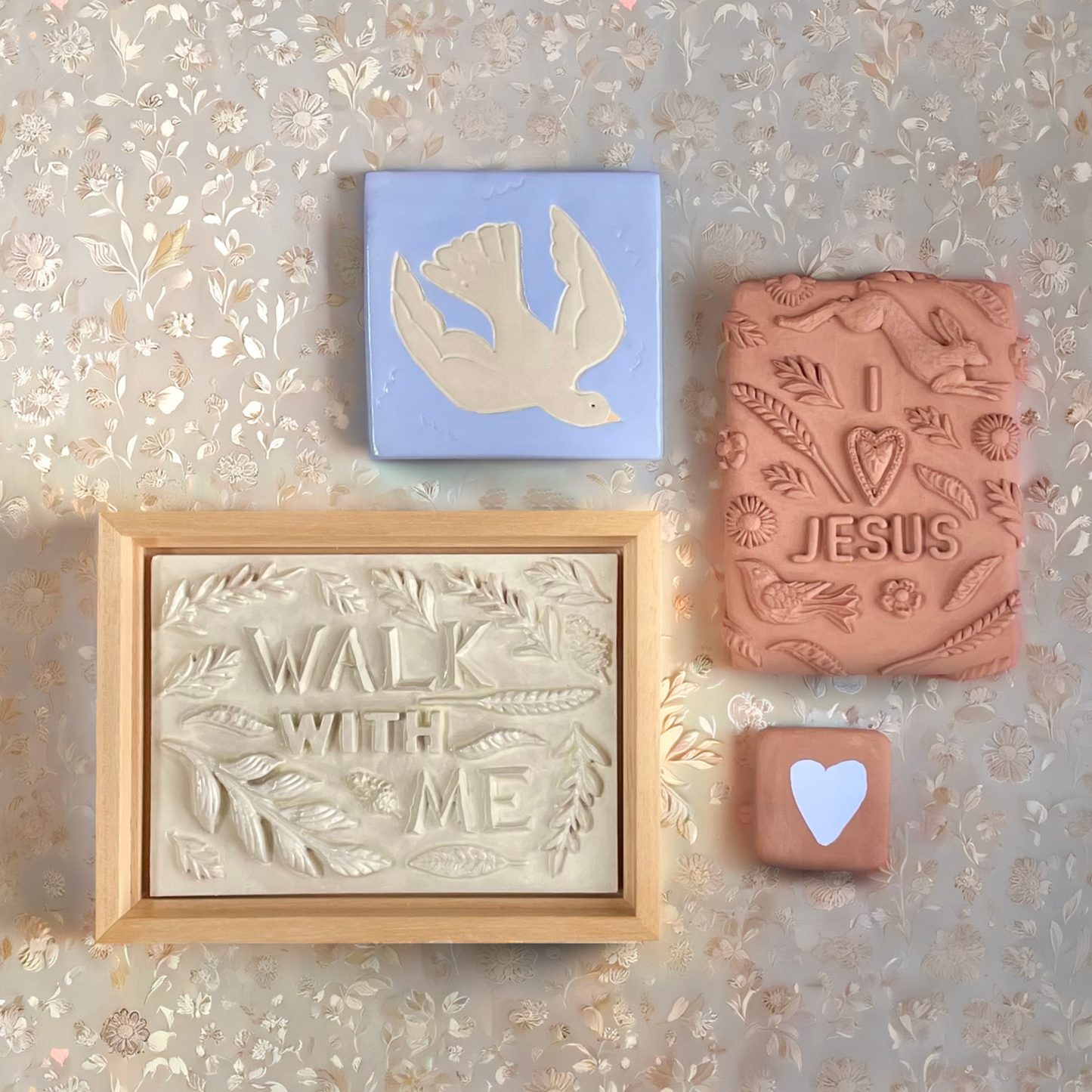 Handmade Dove Clay Tile displayed with faith-inspired clay decor, created as a meaningful Christian craft project.