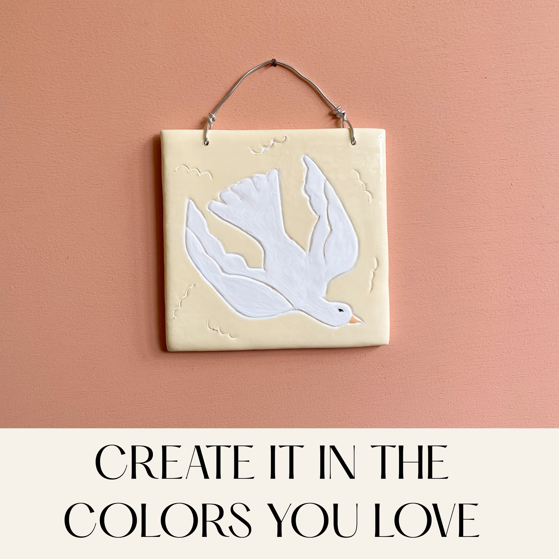Handmade Dove Clay Tile wall hanging, a Bible-inspired Christian clay craft project that can be created in your own colors.