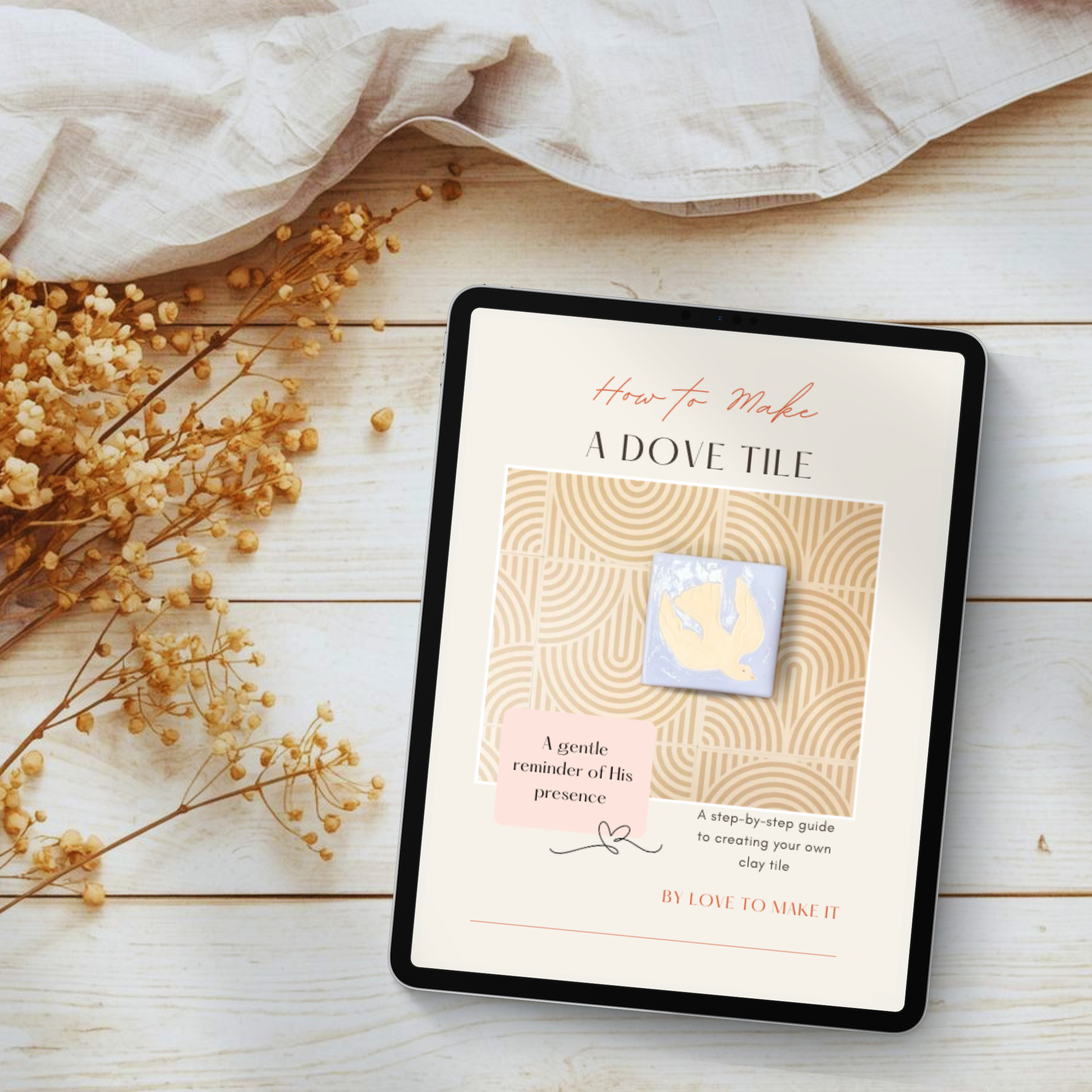 Dove Clay Tile digital e-book displayed on an iPad, inspired by Matthew 3:16 and the presence of the Holy Spirit.
