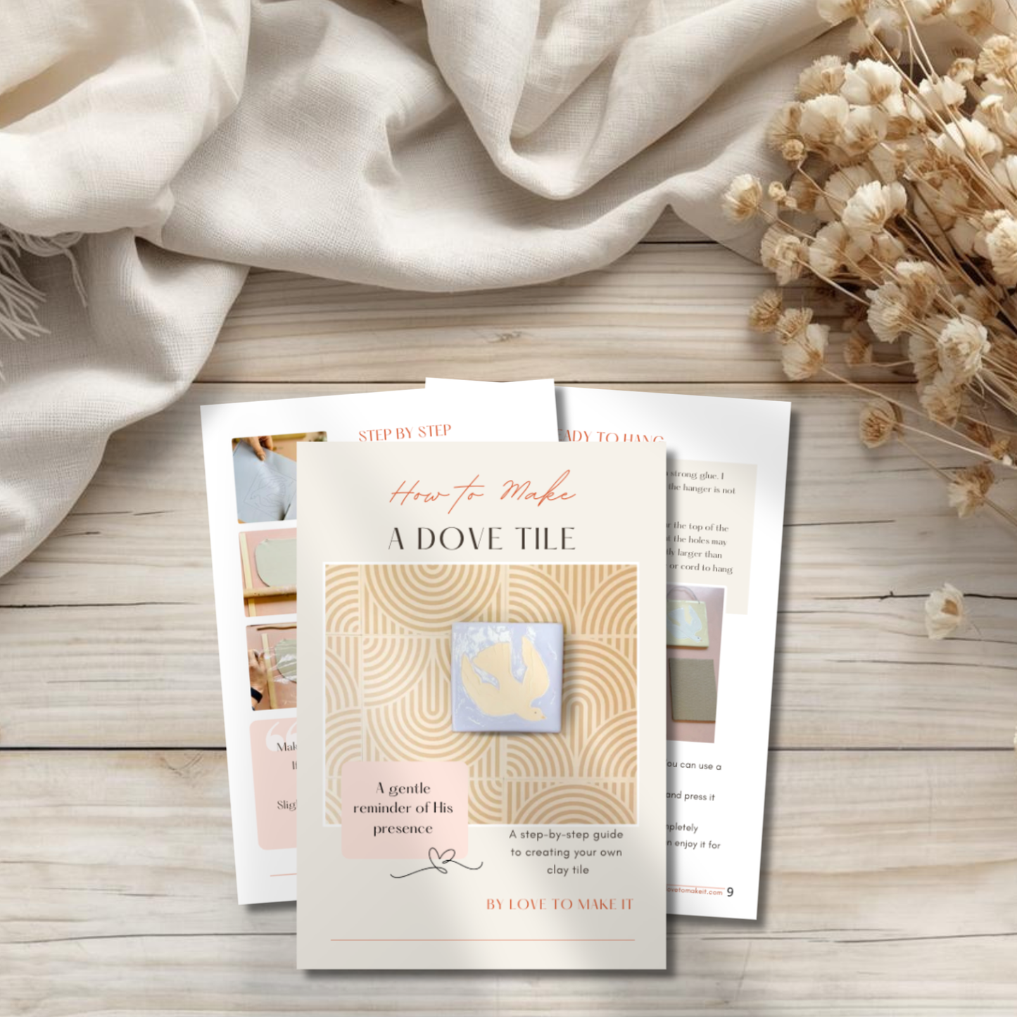 Printed example pages from the Dove Clay Tile printable e-book, featuring a Bible-inspired clay craft project with step-by-step instructions.