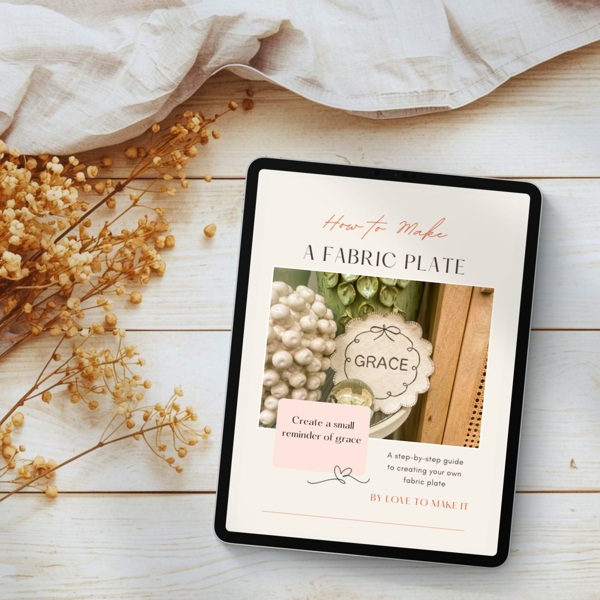 Grace Fabric Plate digital e-book shown on an iPad, featuring a Bible-inspired Christian fabric craft project.