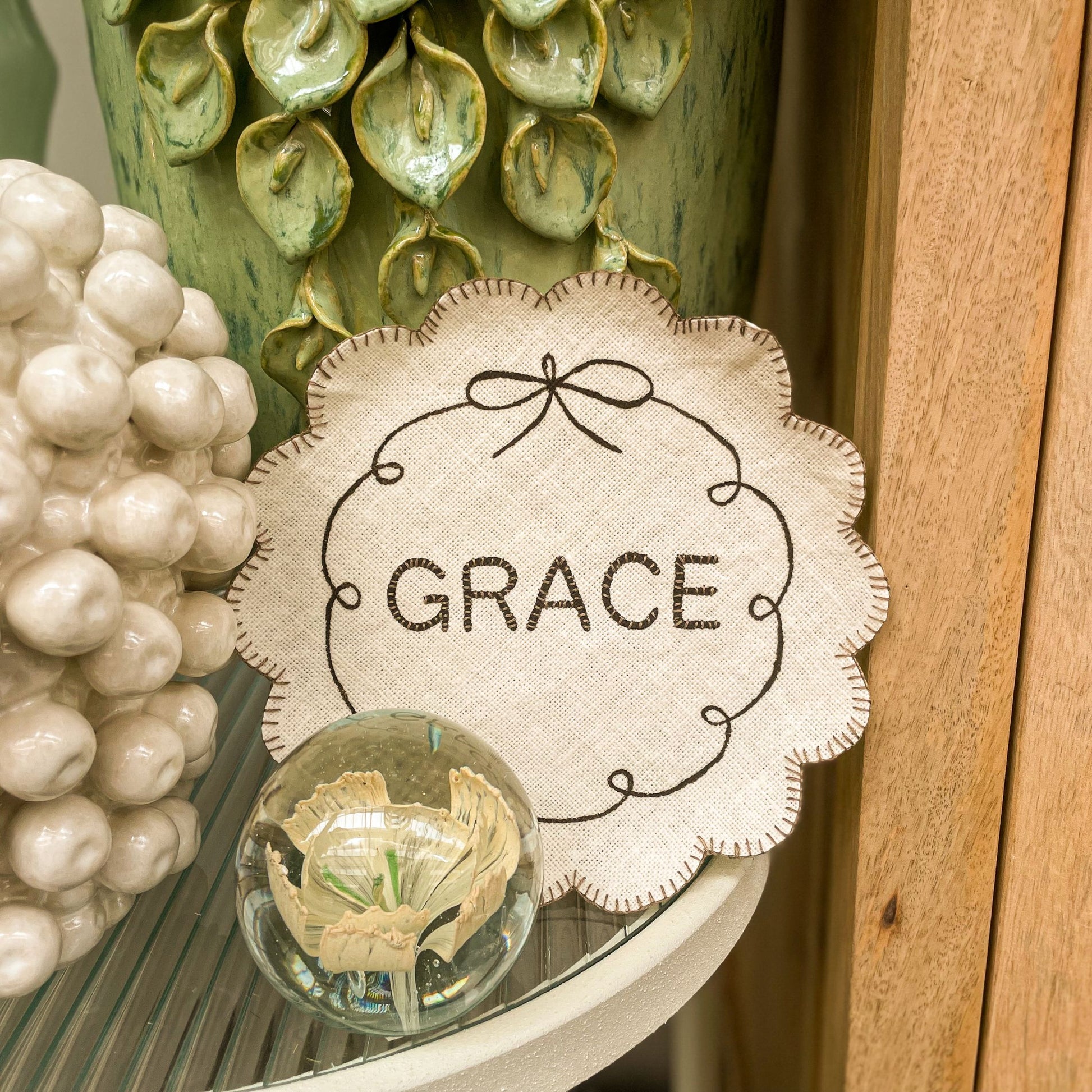 Handmade Grace Fabric Plate with embroidered details, created as a meaningful Bible-inspired fabric craft project.