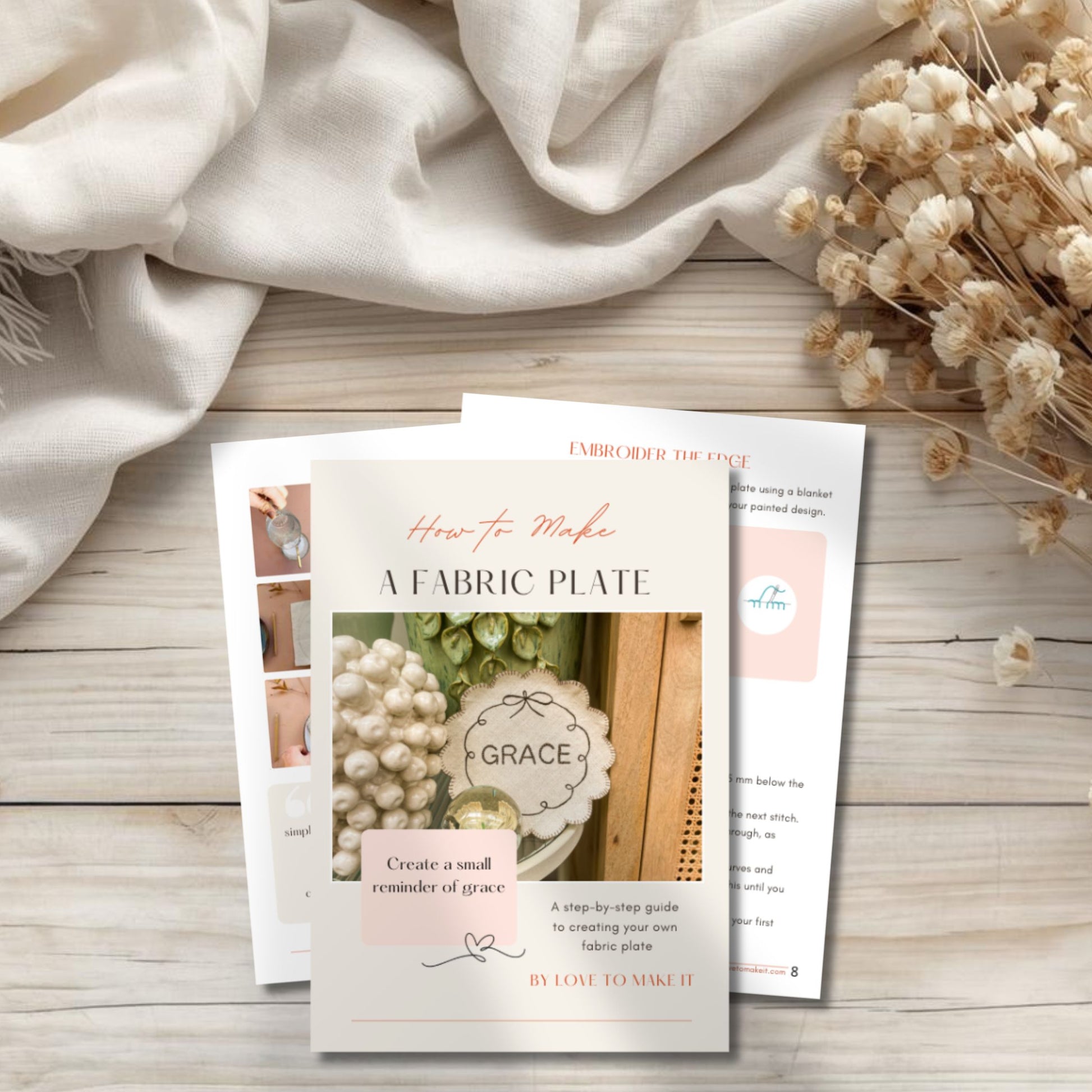 Printed example pages from the Grace Fabric Plate digital e-book, showing the step-by-step fabric craft guide and template.