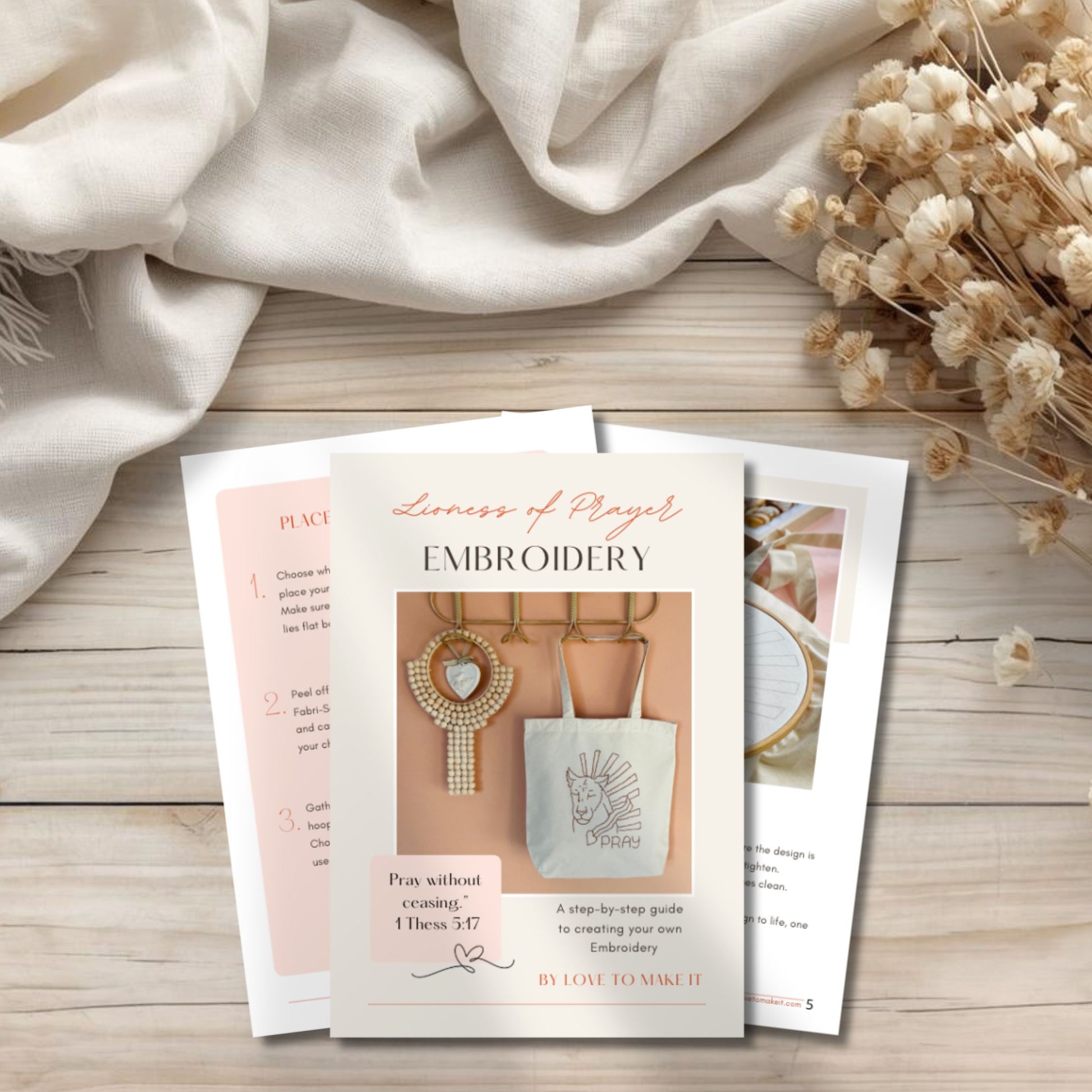 Printed example pages from the Lioness of Prayer digital embroidery e-book, showing the step-by-step guide and embroidery pattern.