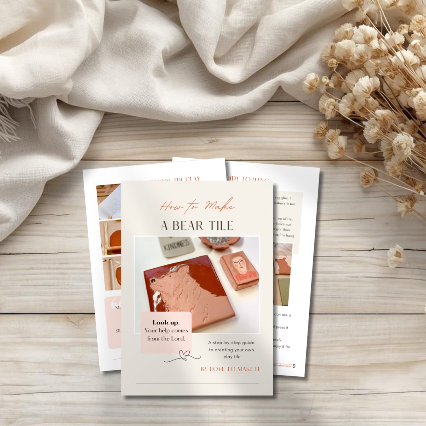 Printed pages from the Look Up Bear Clay Tile printable e-book, showing the step-by-step guide and Bible-inspired clay craft project.