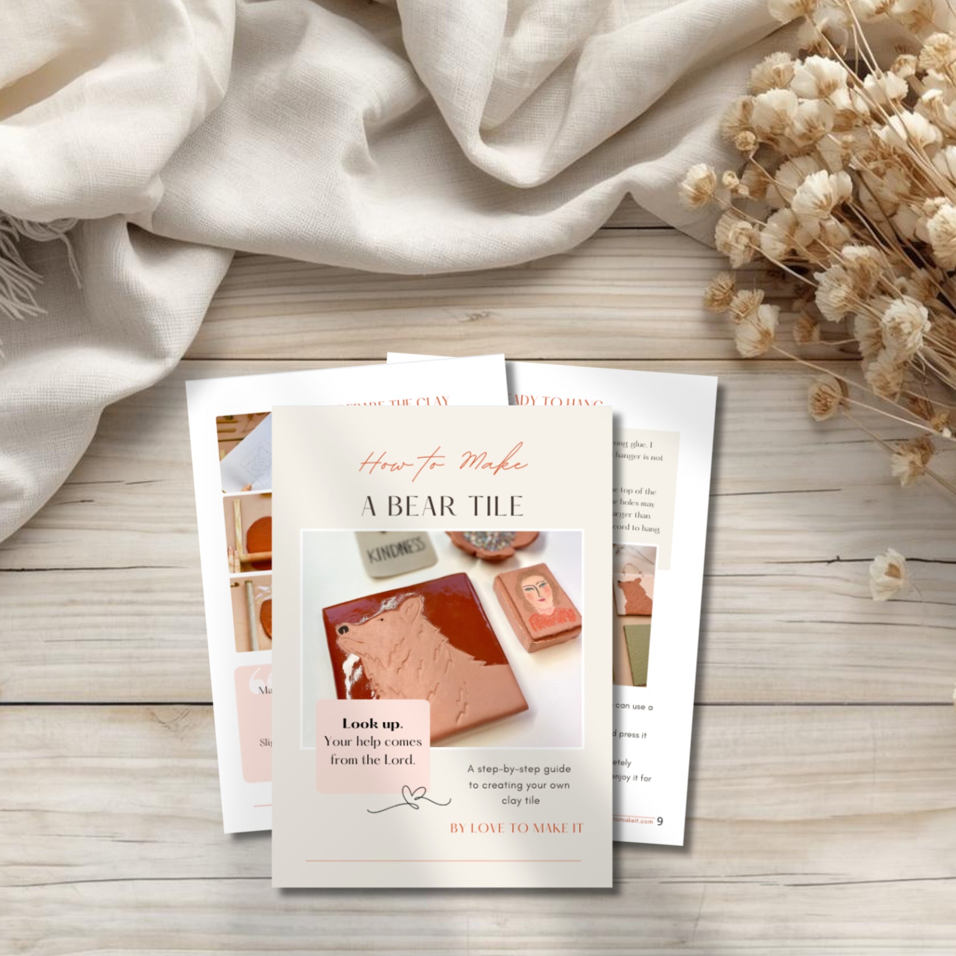 Printed pages from the Look Up Bear Clay Tile printable e-book, showing the step-by-step guide and Bible-inspired clay craft project.
